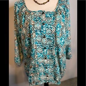 Dressbarn Turquoise and Brown Top, Size XL